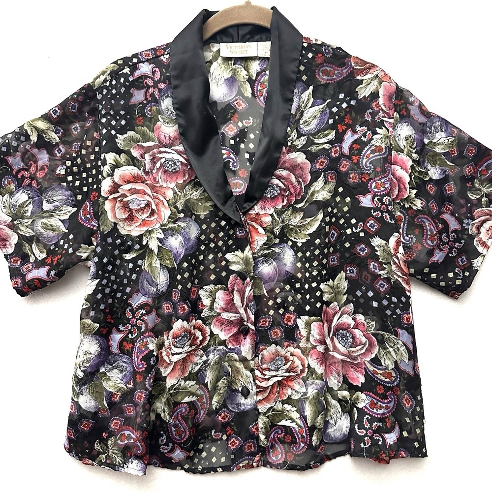 Victoria's Secret Vintage Gold Label‎ M Medium Dark Floral Semi-Sheer Pajama Top